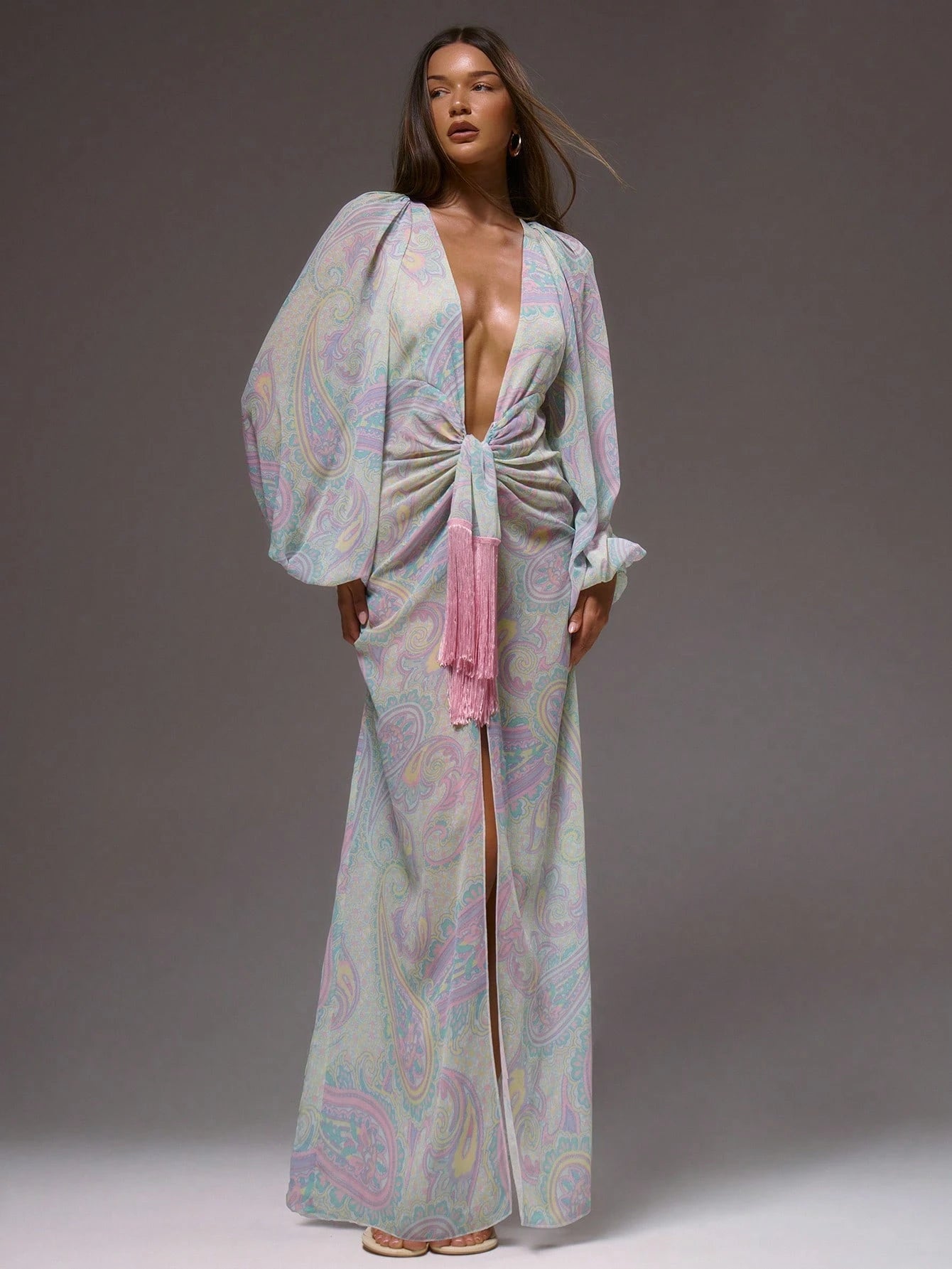 MUSERA Floral Paisley Print Cute Chiffon Relaxed Long Sleeve Light Weight Spring Summer Beach Club Maxi Dress Vacation Wedding Guest Fall Elegant Date