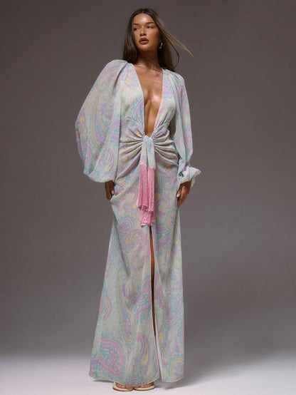MUSERA Floral Paisley Print Cute Chiffon Relaxed Long Sleeve Light Weight Spring Summer Beach Club Maxi Dress Vacation Wedding Guest Fall Elegant Date
