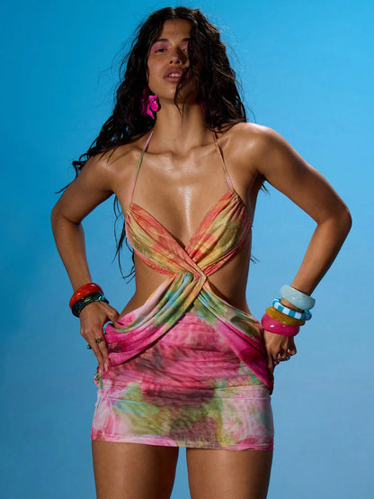 MUSERA Halterneck Ruched Bust Drape Over Waist Tie Back Detail Fitted Mesh Mini Dress Summer Sexy Going Out Beach Holiday Ibiza Club Tropical Fever