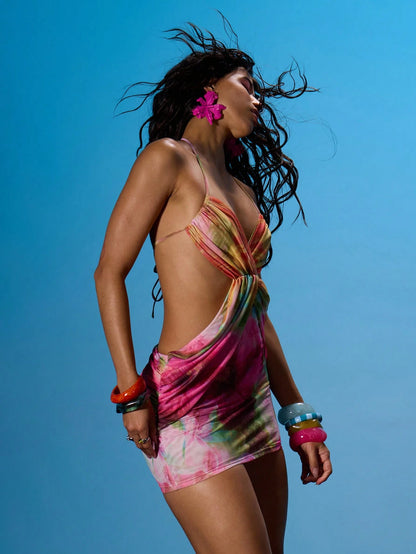 MUSERA Halterneck Ruched Bust Drape Over Waist Tie Back Detail Fitted Mesh Mini Dress Summer Sexy Going Out Beach Holiday Ibiza Club Tropical Fever