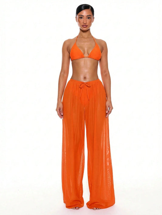 Musera Resort Low Rise Drawstring Front Wide Leg Trousers Cover Up Summer Spring Holiday Vacation Sexy Club Ibiza Beachwear Nanoscopic Techno Winter