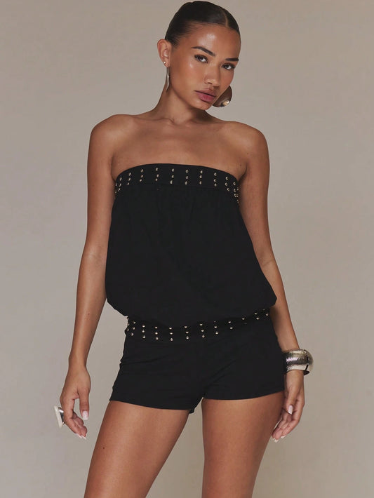 MUSERA Studded Black Unitard Romper Bandeau Bardot Spring Summer Holiday Vacation Boho Ibiza Elegant Festival Beach Cute