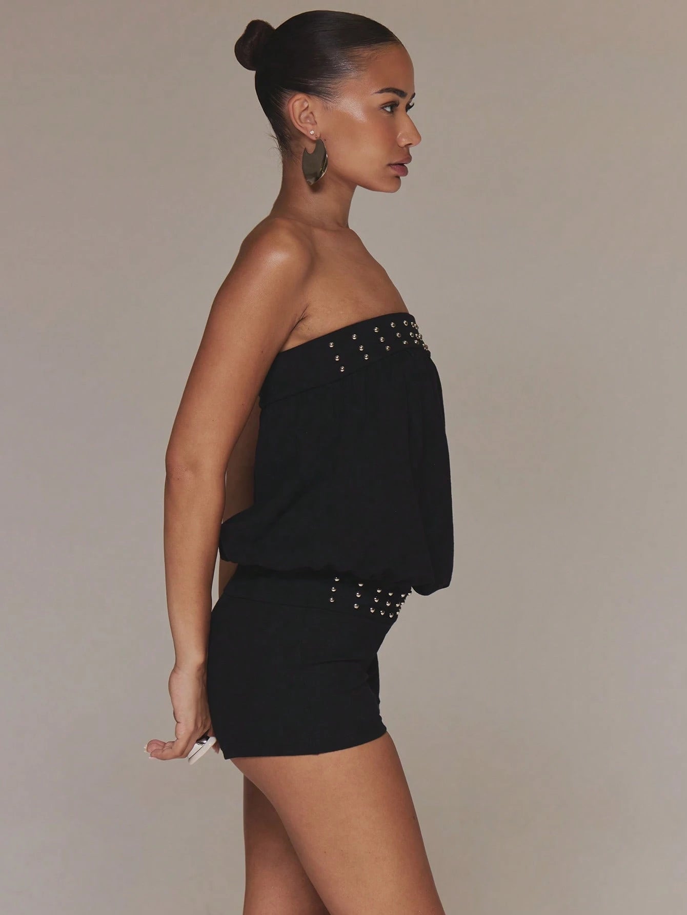 MUSERA Studded Black Unitard Romper Bandeau Bardot Spring Summer Holiday Vacation Boho Ibiza Elegant Festival Beach Cute