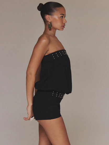 MUSERA Studded Black Unitard Romper Bandeau Bardot Spring Summer Holiday Vacation Boho Ibiza Elegant Festival Beach Cute