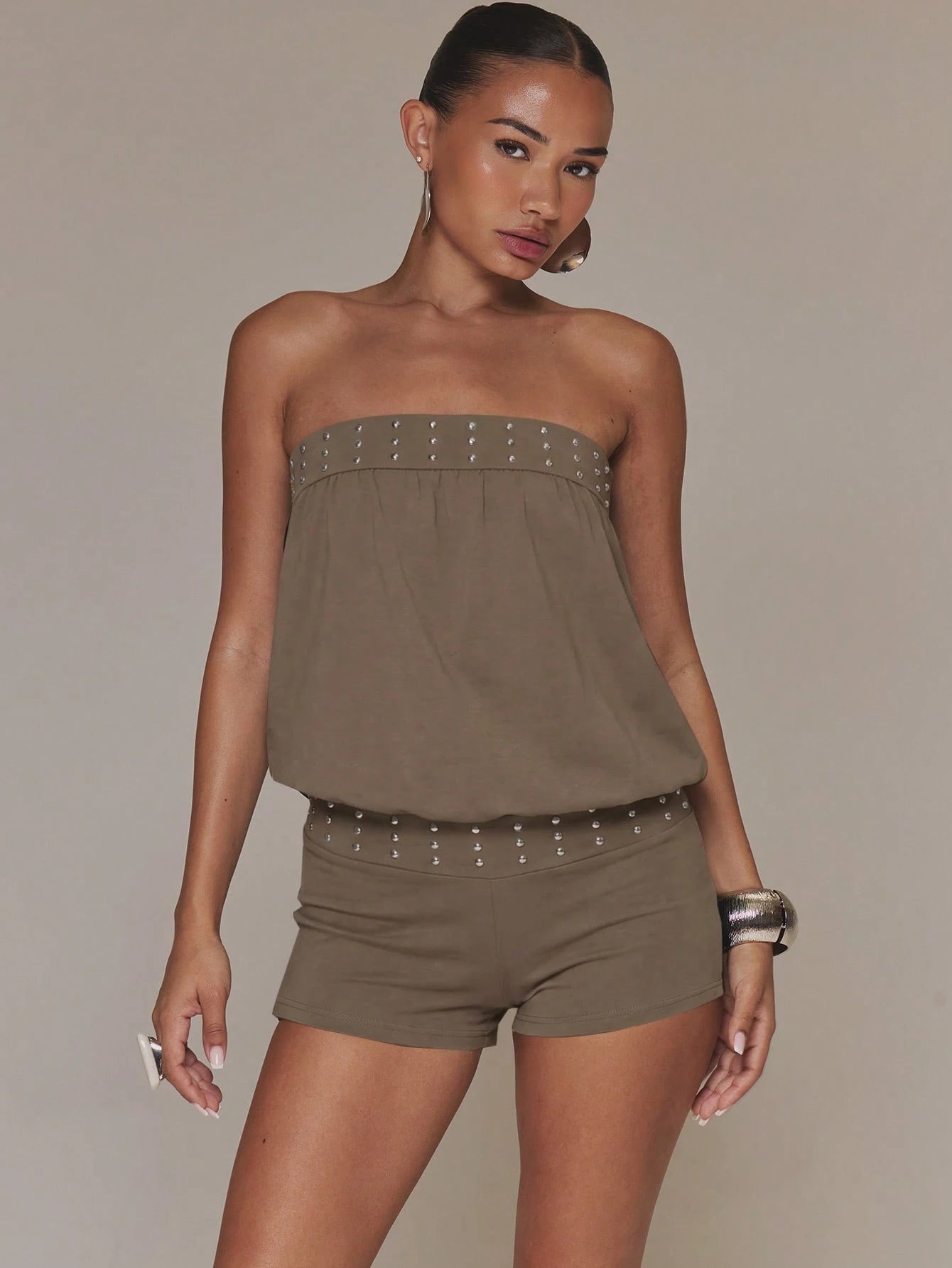 MUSERA Studded Black Unitard Romper Bandeau Bardot Spring Summer Holiday Vacation Boho Ibiza Elegant Festival Beach Cute