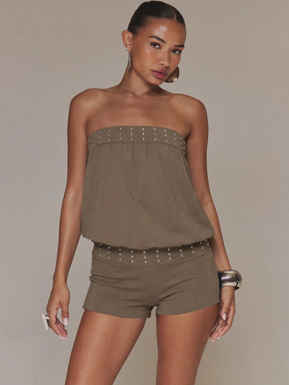 MUSERA Studded Black Unitard Romper Bandeau Bardot Spring Summer Holiday Vacation Boho Ibiza Elegant Festival Beach Cute