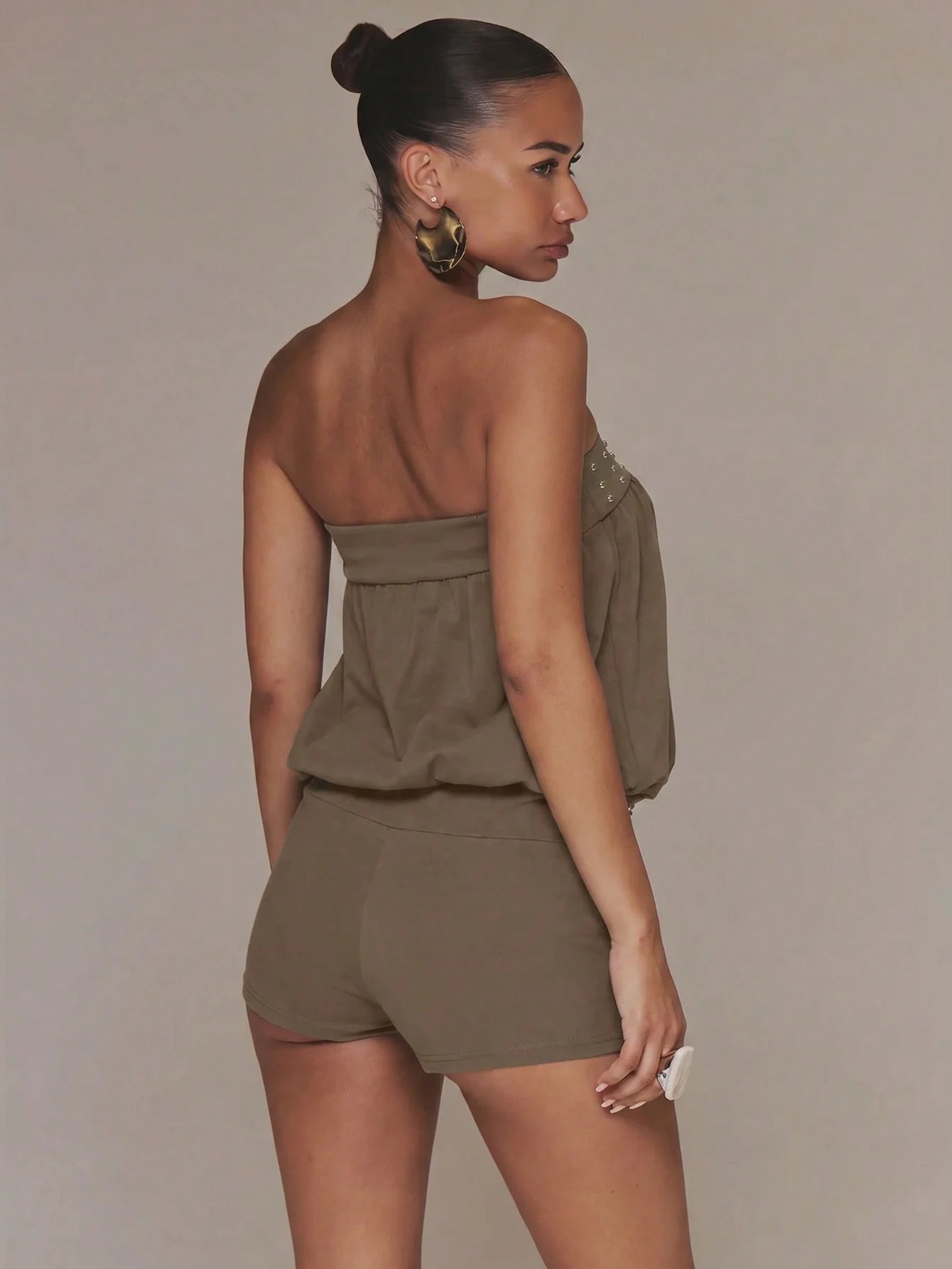 MUSERA Studded Black Unitard Romper Bandeau Bardot Spring Summer Holiday Vacation Boho Ibiza Elegant Festival Beach Cute