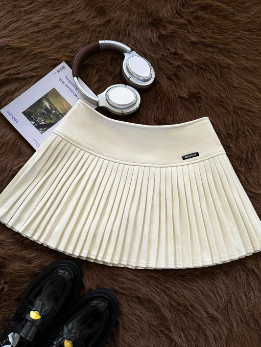 Muvela Women's Cream White Pleated Super Short Low-Waist Skirt, Autumn Cute Pre School Back-To-School, Vintage Athleisure Athletic Style, Y2K 90s Dress