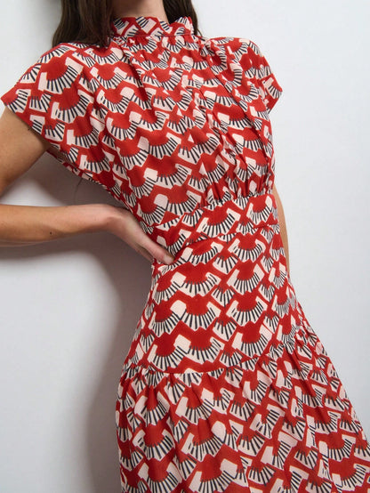 Nöista Red Printed Maxi Dress With A-Line Fit For Summer, Vacation And Casual Elegant Looks.