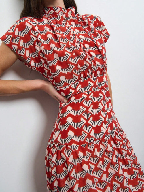 Nöista Red Printed Maxi Dress With A-Line Fit For Summer, Vacation And Casual Elegant Looks.