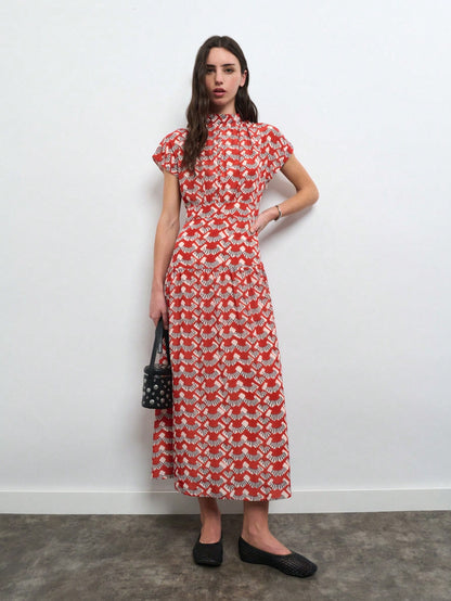 Nöista Red Printed Maxi Dress With A-Line Fit For Summer, Vacation And Casual Elegant Looks.