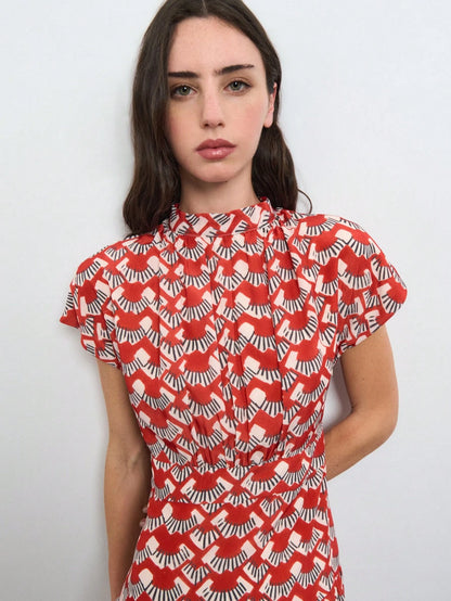 Nöista Red Printed Maxi Dress With A-Line Fit For Summer, Vacation And Casual Elegant Looks.