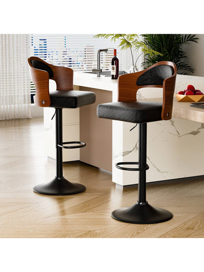Nalupatio Wooden Barstools PU Leather Upholstered Bar Chairs Set Of 2 With Back & Footrest