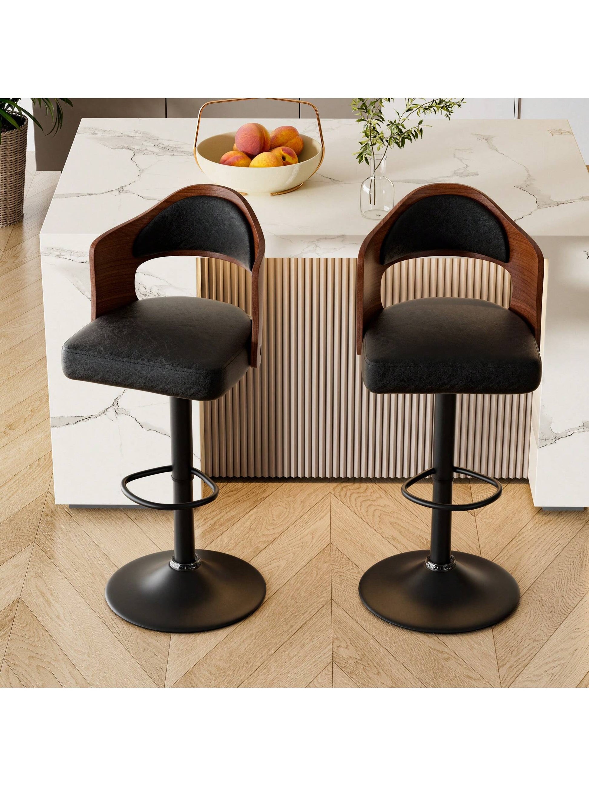 Nalupatio Wooden Barstools PU Leather Upholstered Bar Chairs Set Of 2 With Back & Footrest