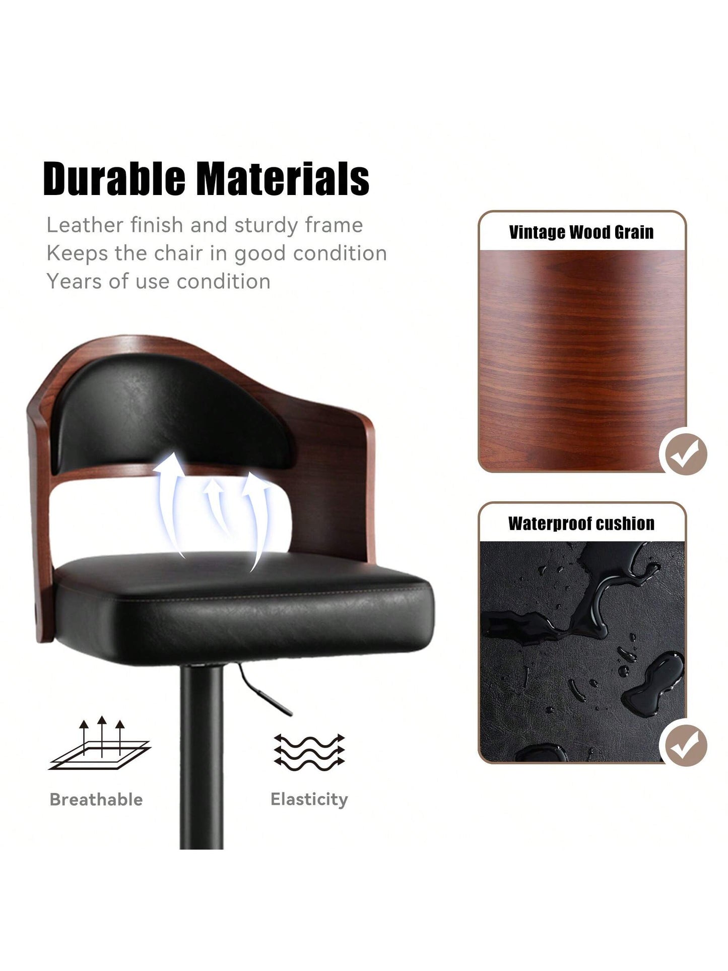 Nalupatio Wooden Barstools PU Leather Upholstered Bar Chairs Set Of 2 With Back & Footrest