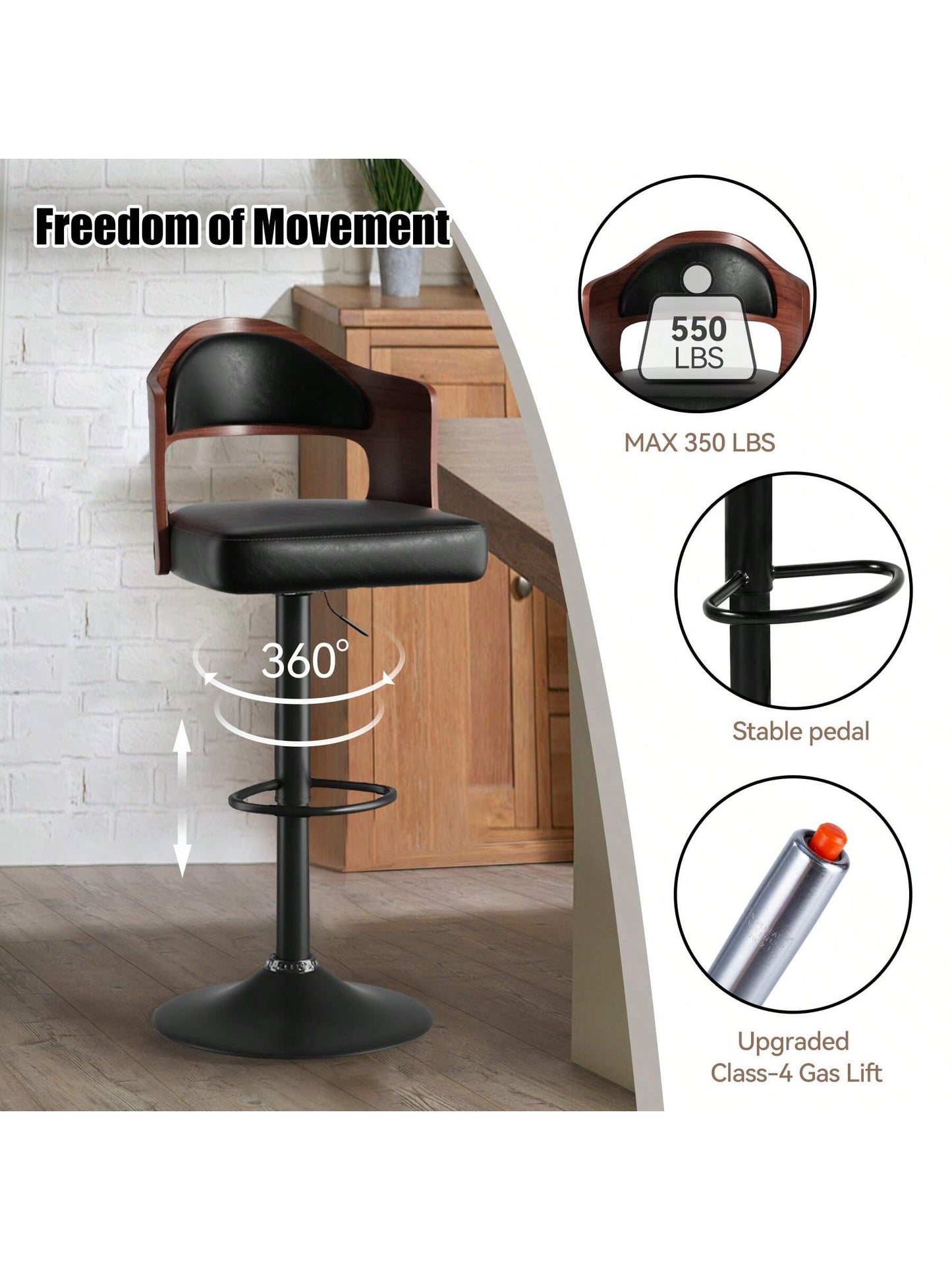 Nalupatio Wooden Barstools PU Leather Upholstered Bar Chairs Set Of 2 With Back & Footrest