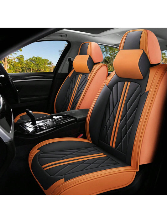 Nappa Leather Waterproof Fully Covered Car 5 Seat Cover With Headrest Pillow Universal Fit Non-Slip Front Rear Back Interior Seat Cushions Protector Easy To Install