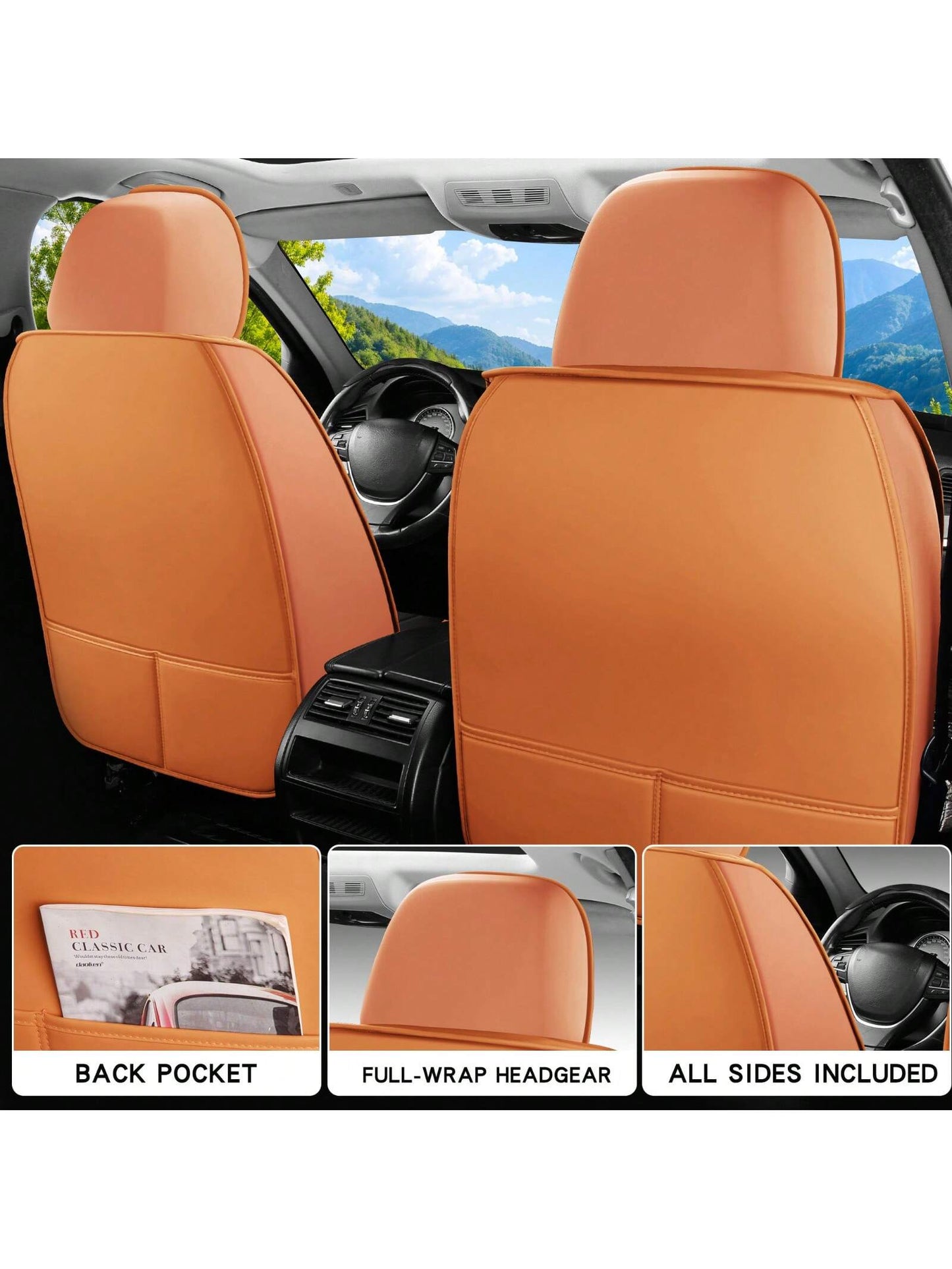 Nappa Leather Waterproof Fully Covered Car 5 Seat Cover With Headrest Pillow Universal Fit Non-Slip Front Rear Back Interior Seat Cushions Protector Easy To Install