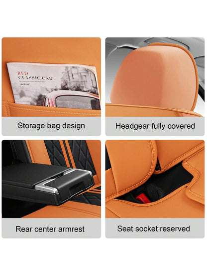 Nappa Leather Waterproof Fully Covered Car 5 Seat Cover With Headrest Pillow Universal Fit Non-Slip Front Rear Back Interior Seat Cushions Protector Easy To Install