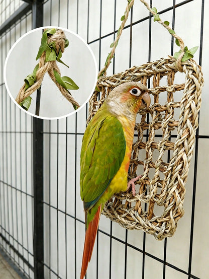 Natural Handwoven Parrot Climbing Net Hammock, Durable Chewable Rope Mat, Beak Grinding Toy, Suitable For Cockatiel, Conure, Parakeet And All Small To Medium Pet Birds As Hanging Swing Perch Accessory