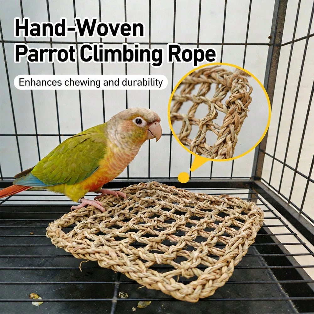 Natural Handwoven Parrot Climbing Net Hammock, Durable Chewable Rope Mat, Beak Grinding Toy, Suitable For Cockatiel, Conure, Parakeet And All Small To Medium Pet Birds As Hanging Swing Perch Accessory