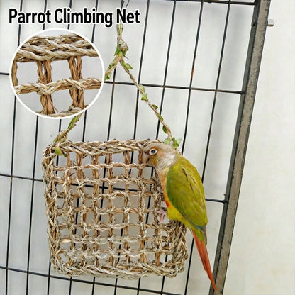 Natural Handwoven Parrot Climbing Net Hammock, Durable Chewable Rope Mat, Beak Grinding Toy, Suitable For Cockatiel, Conure, Parakeet And All Small To Medium Pet Birds As Hanging Swing Perch Accessory