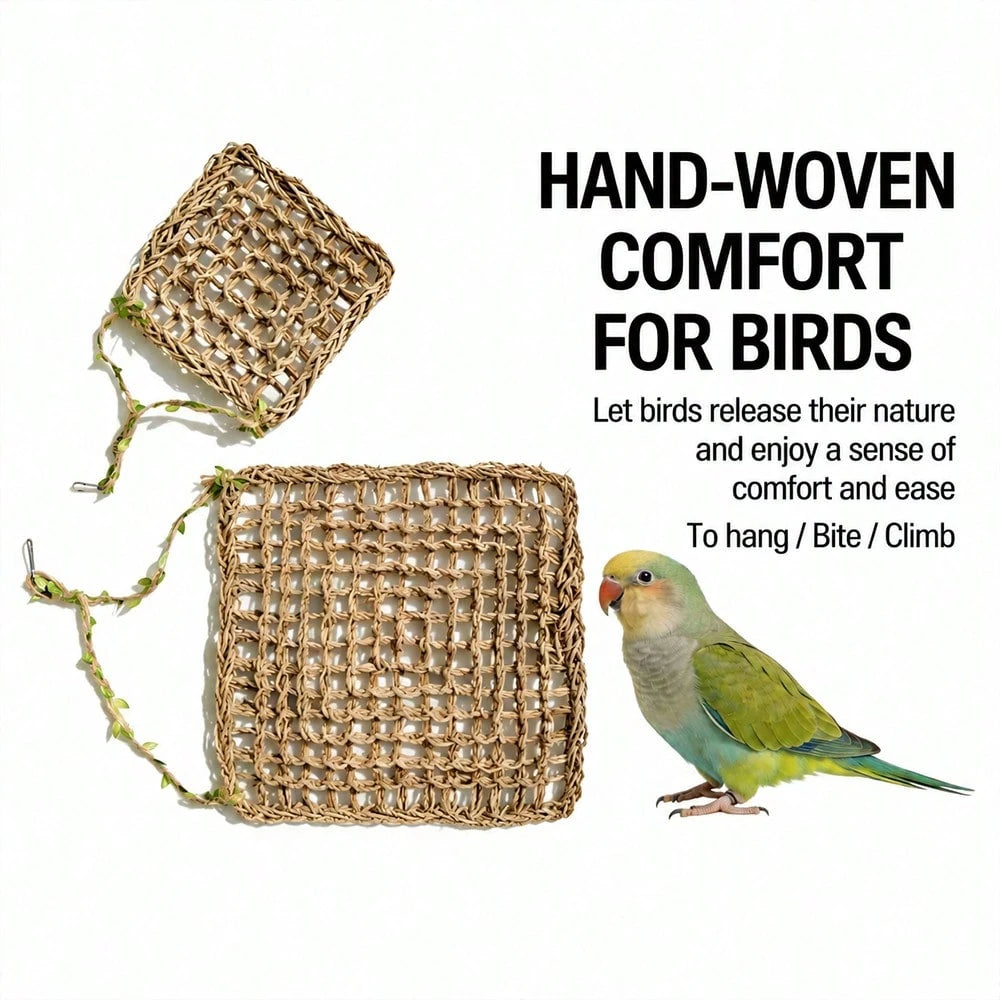 Natural Handwoven Parrot Climbing Net Hammock, Durable Chewable Rope Mat, Beak Grinding Toy, Suitable For Cockatiel, Conure, Parakeet And All Small To Medium Pet Birds As Hanging Swing Perch Accessory