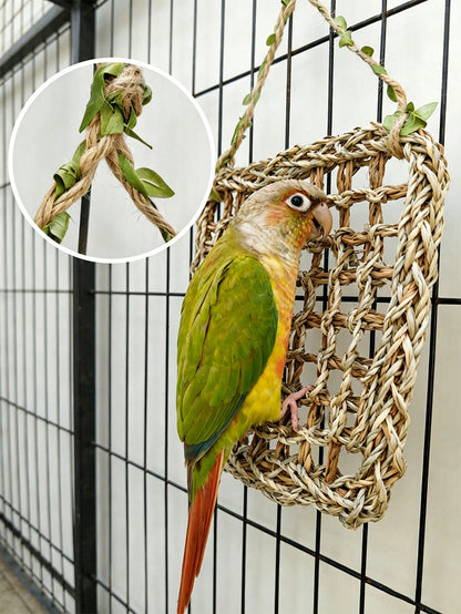 Natural Handwoven Parrot Climbing Net Hammock, Durable Chewable Rope Mat, Beak Grinding Toy, Suitable For Cockatiel, Conure, Parakeet And All Small To Medium Pet Birds As Hanging Swing Perch Accessory