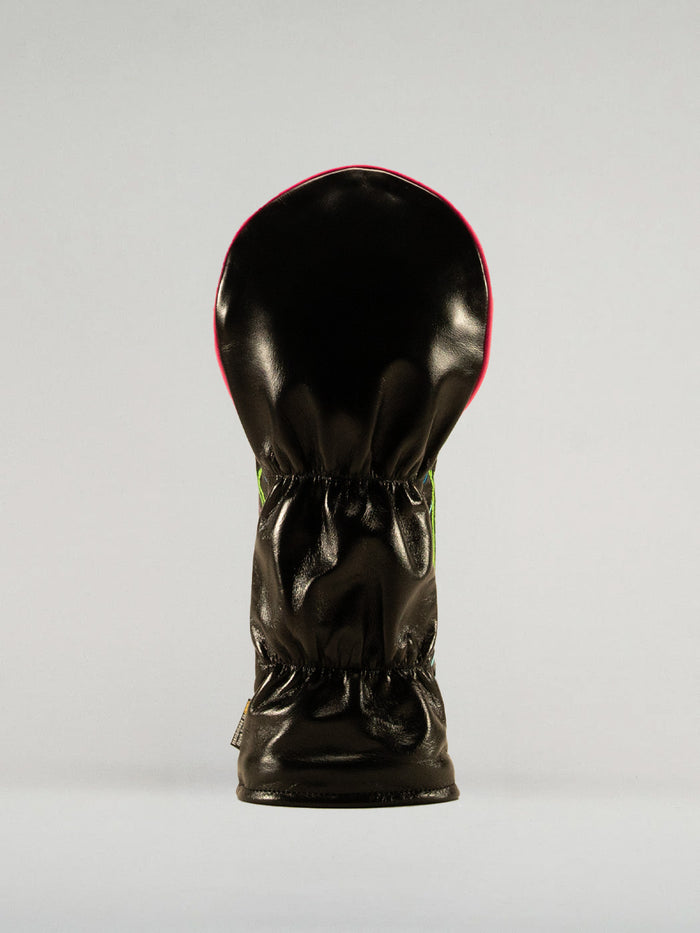 Reverse side of the neon nights headcover showing black leather backing.