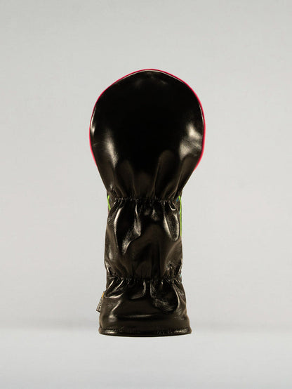 Reverse side of the neon nights headcover showing black leather backing.