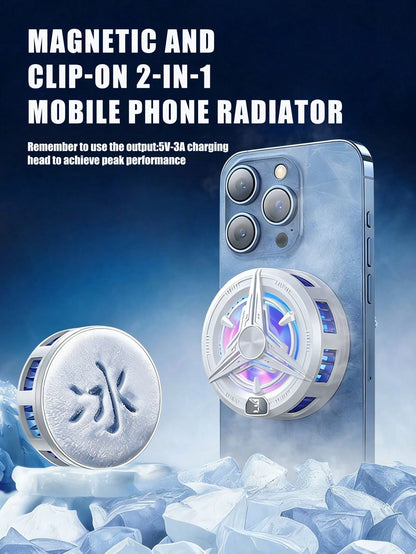 New 360° Super Quiet Rapid Cooling Magnetic Phone Cooler (Black & White): Portable Dual-Core Semiconductor Cooling, Gaming Phone Radiator, 2-In-1 Magnetic & Clip-On Phone Cooler, Smart Display, 3-Spee
