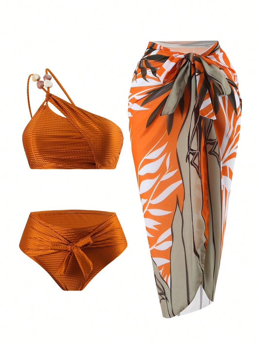 New 3pcs/Set Sexy Soft Cup Bikini Swimwear, Including Swimwear Top, Bottom And Cover-Up Skirt, For Beach, Pool, Hot Spring, For Summer Vacation