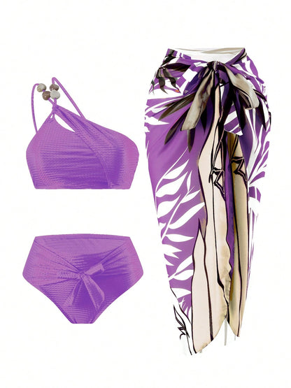New 3pcs/Set Sexy Soft Cup Bikini Swimwear, Including Swimwear Top, Bottom And Cover-Up Skirt, For Beach, Pool, Hot Spring, For Summer Vacation