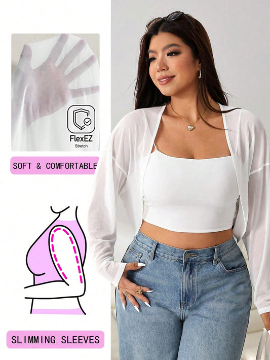 New Casual White Plus Size Lightweight Sheer Mesh Long Outerwear With Raglan Sleeves, Versatile For Outings, Daily Wear, Parties, Commuting, Music Festivals, Weddings, Back To School, Graduation, Vaca