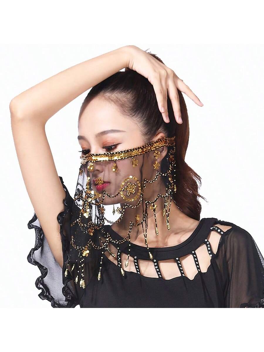 New Dance Performance Costume Accessories, Floral Gauze Veil & Face Mask For Belly Dance