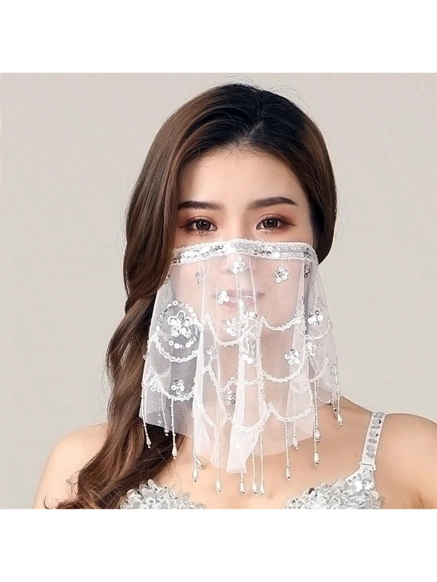 New Dance Performance Costume Accessories, Floral Gauze Veil & Face Mask For Belly Dance