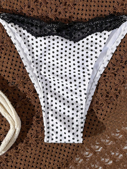 New Lace Elegant Polka Dot Print Halter Tie Bikini Set, Fashionable And Stylish For Women Vacation Beach Summer