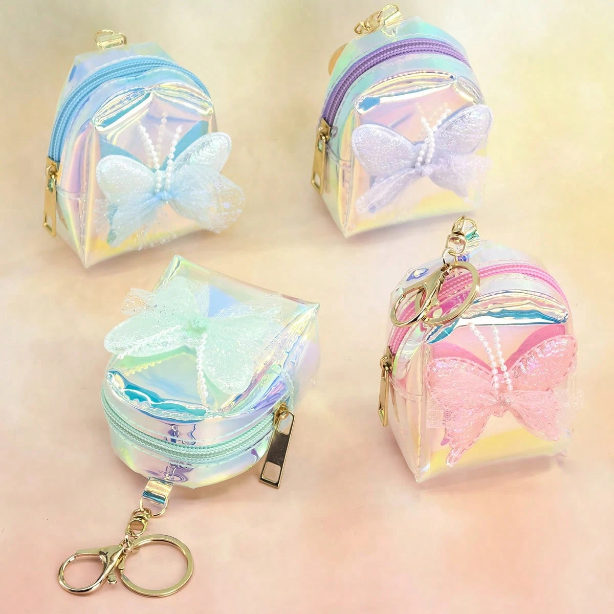 New Laser Iridescent Bow Coin Purse, Cute Keychain Pendant For Girls, Mini Backpack, Adorable Storage Bag