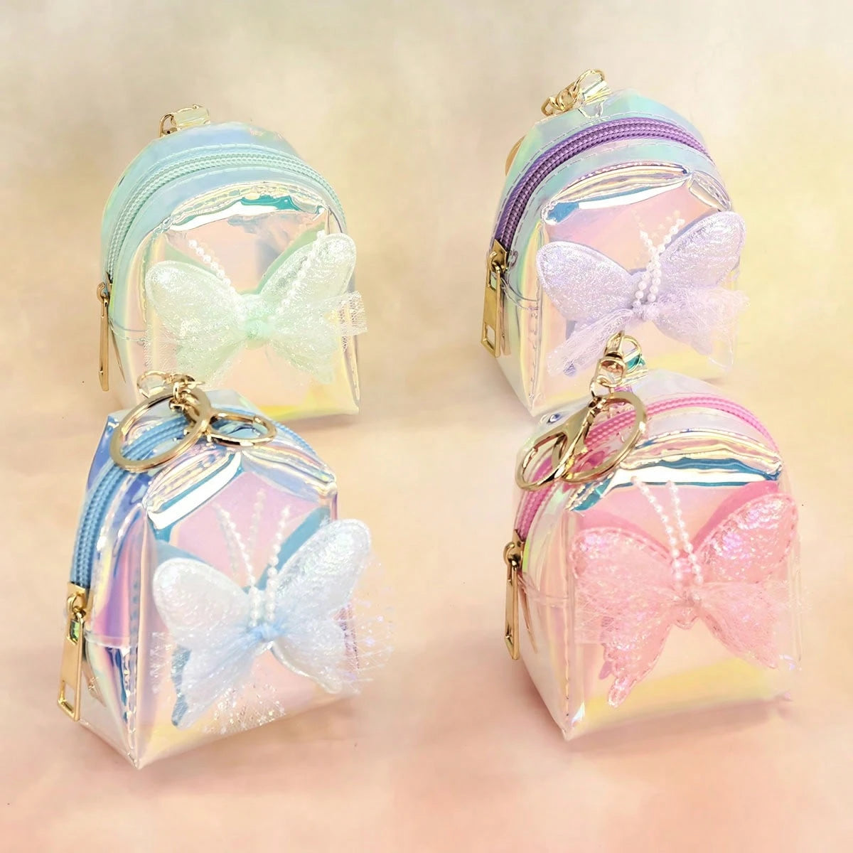 New Laser Iridescent Bow Coin Purse, Cute Keychain Pendant For Girls, Mini Backpack, Adorable Storage Bag