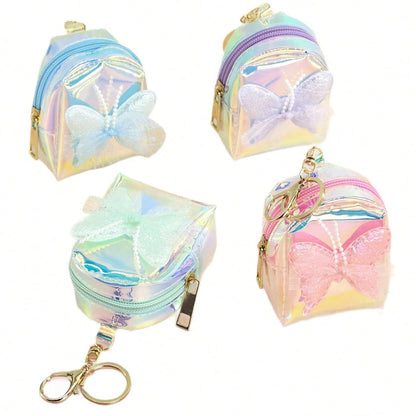New Laser Iridescent Bow Coin Purse, Cute Keychain Pendant For Girls, Mini Backpack, Adorable Storage Bag