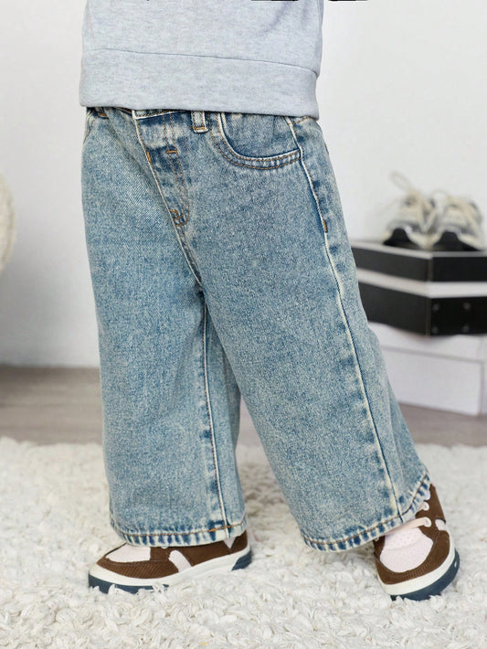 New Vintage Baby Boy Retro Stonewashed Casual Soft Loose Fit Blue Denim Jeans Fall Winter,Casual And Versatile For Fall/Winter Dailywear And Streetwear,For Christmas,Baby New Year,Thanksgiving,Stylish