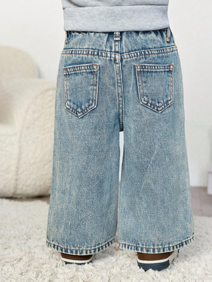 New Vintage Baby Boy Retro Stonewashed Casual Soft Loose Fit Blue Denim Jeans Fall Winter,Casual And Versatile For Fall/Winter Dailywear And Streetwear,For Christmas,Baby New Year,Thanksgiving,Stylish