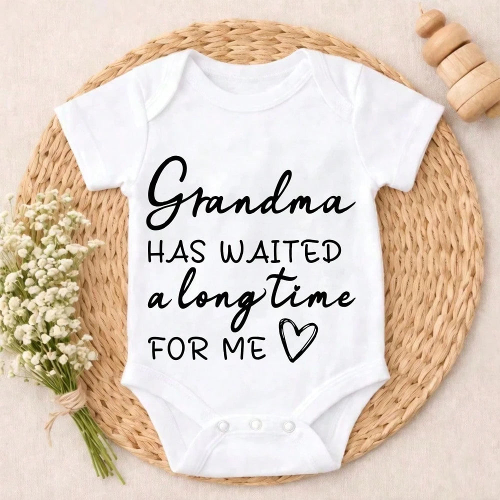 Newborn Baby Bodysuit Romper Outfit Grandma Has Waited A Long Time For Me Cozy & Sweet Button Closure Lively Style Popular Perfect Gift For Grandma, Parents, Perfect For Coming Home & Celebrations