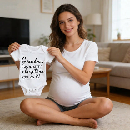 Newborn Baby Bodysuit Romper Outfit Grandma Has Waited A Long Time For Me Cozy & Sweet Button Closure Lively Style Popular Perfect Gift For Grandma, Parents, Perfect For Coming Home & Celebrations