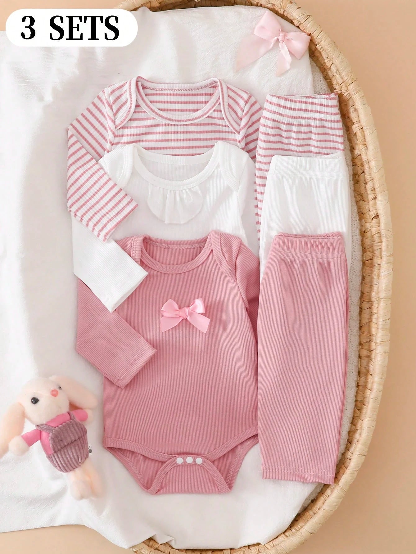 Newborn Baby Bow Decor Long Sleeve Bodysuit And Pants Set