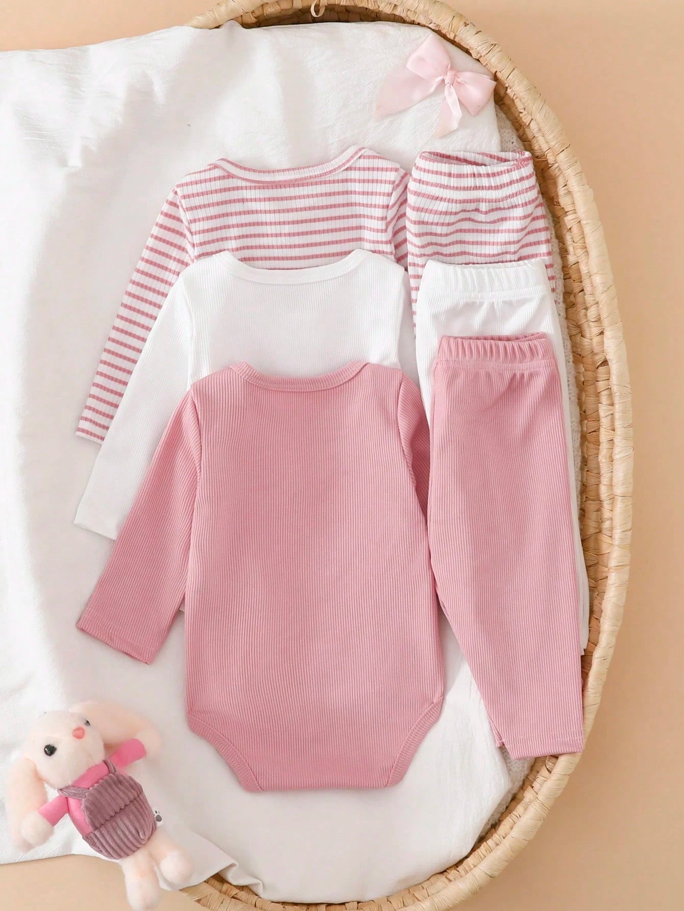 Newborn Baby Bow Decor Long Sleeve Bodysuit And Pants Set