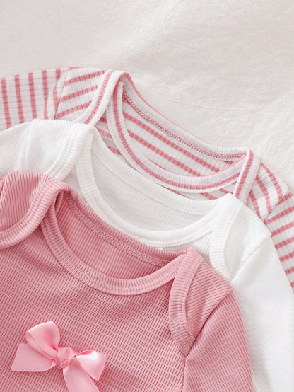 Newborn Baby Bow Decor Long Sleeve Bodysuit And Pants Set