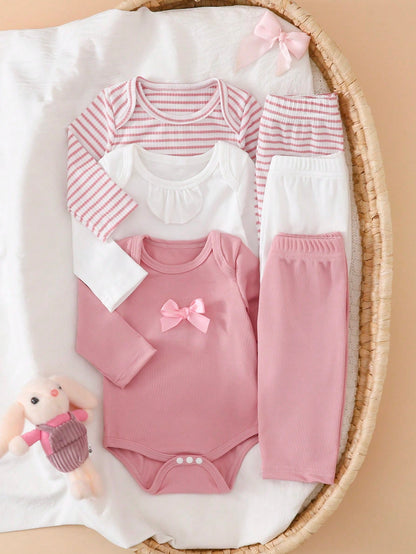 Newborn Baby Bow Decor Long Sleeve Bodysuit And Pants Set