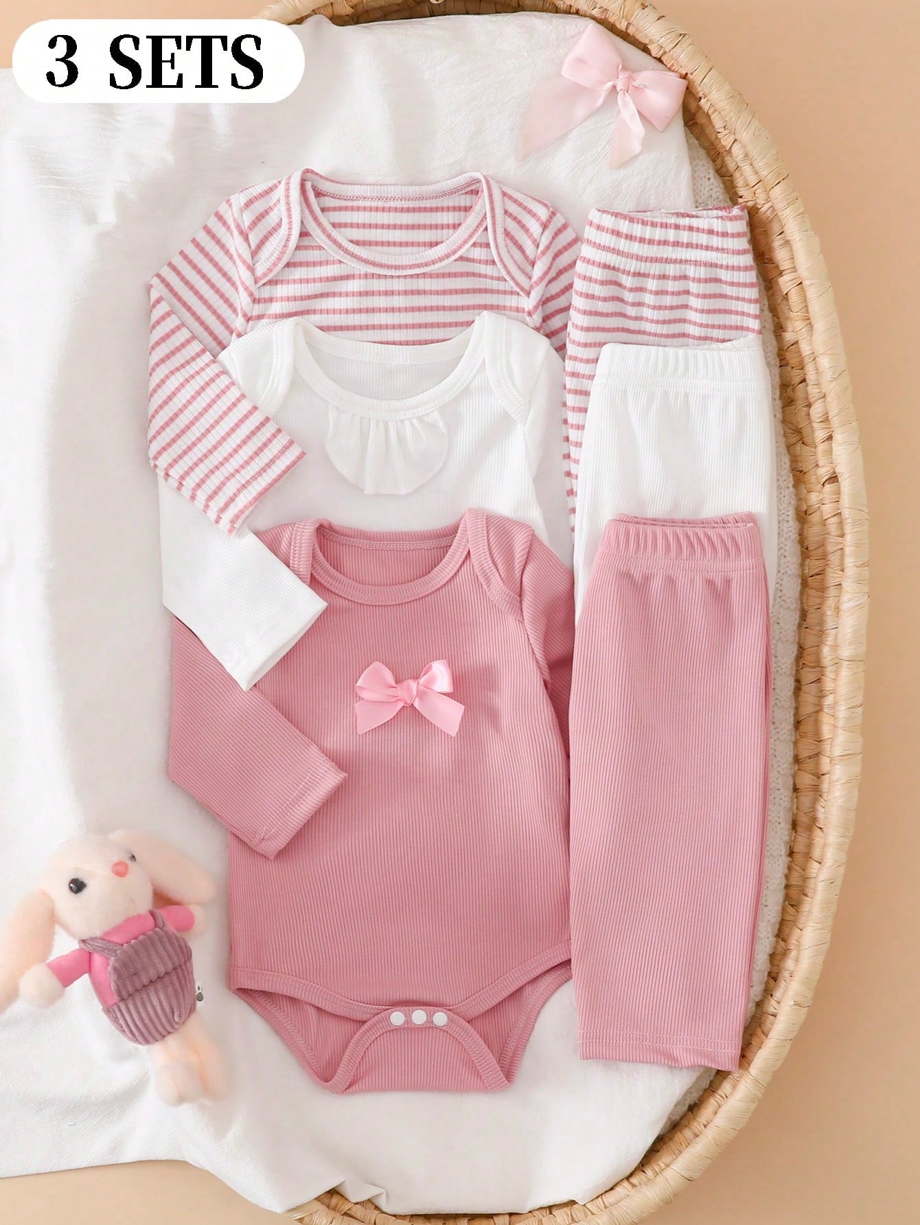 Newborn Baby Bow Decor Long Sleeve Bodysuit And Pants Set