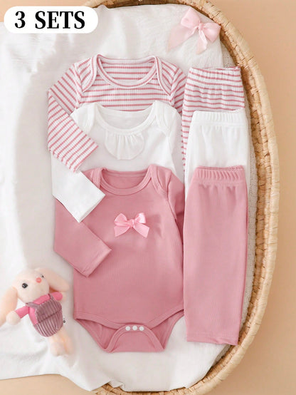 Newborn Baby Bow Decor Long Sleeve Bodysuit And Pants Set